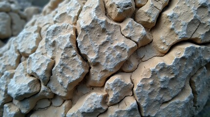 a close-up view of textured stone or rock, showcasing a pale, rough surface with various fissures and uneven sections.