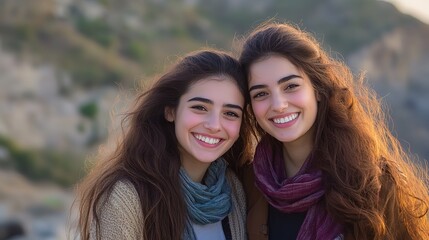 two best friend women smiling at top of mountain with green nature landscpae background