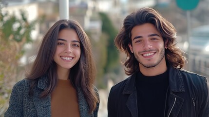 Obraz premium man and woman young love couple happy together at beautiful city street 