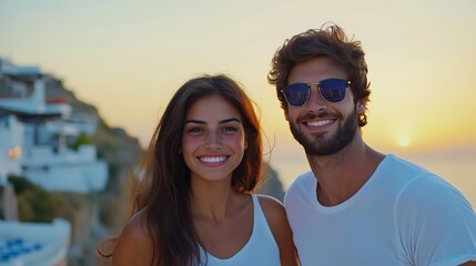 Fototapeta premium two people man and woman young couple lover travel together, standing at hill top with peaceful clifftop town as background