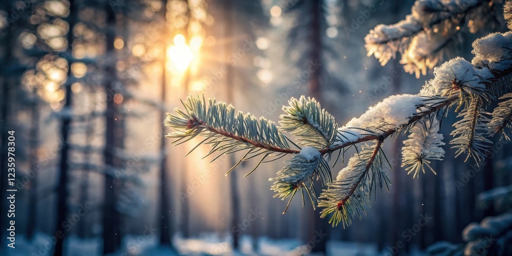 Aufkleber a frosted evergreen branch against a backdrop of golden sunlight filtering through a snowy forest.