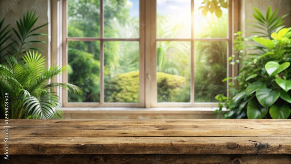 Poster rustic wooden table with a window view of lush greenery and sunlight streaming through the glass pan