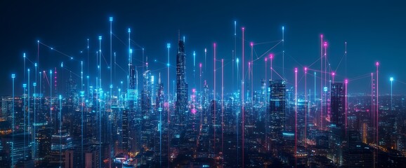 Fototapeta premium Futuristic cityscape at night with glowing digital network connections. (1)