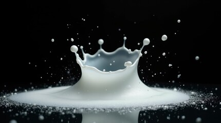 splash of milk mid-air, creating a striking crown-like shape with droplets suspended around it against a black background.