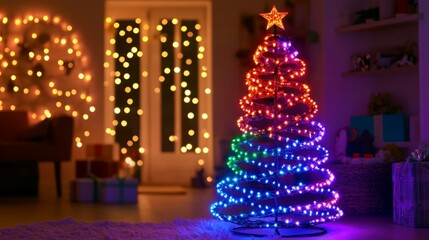 A colorful, spiral LED Christmas tree illuminates a cozy living room, filled with warm string lights and presents.