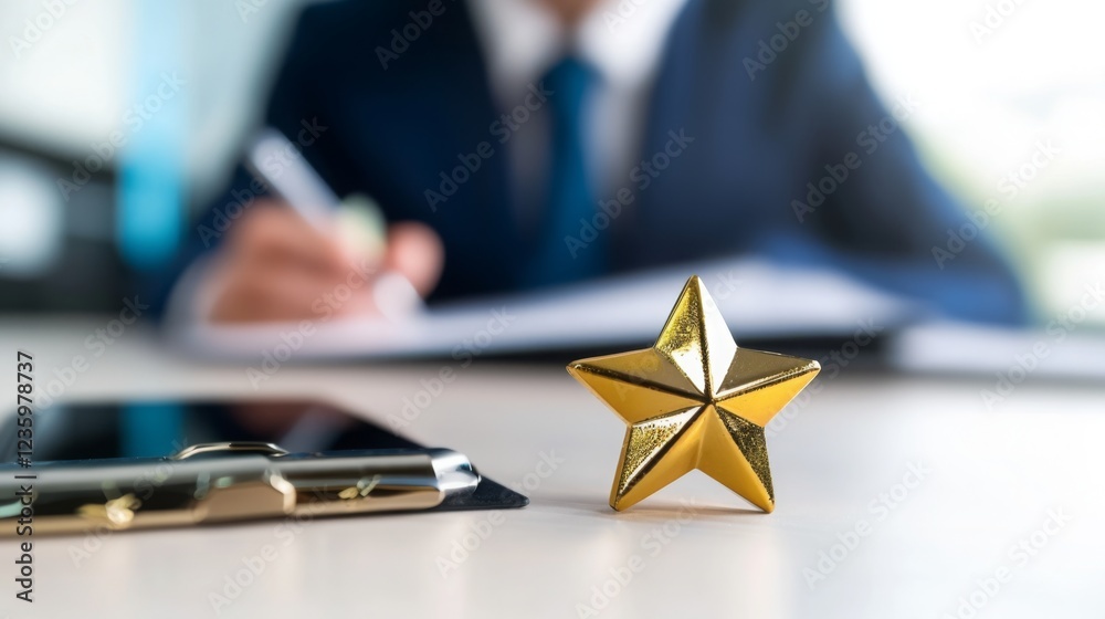 Aufkleber a golden star sits on a desk near a smartphone, while a person in a suit writes in a notebook, symbo