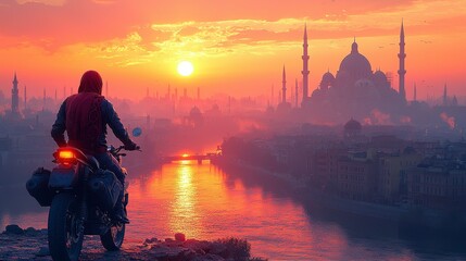Obraz premium Motorcyclist at sunrise, city mosque backdrop