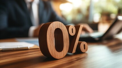 A wooden "0%" symbol sits on a table, with a blurred figure working on a laptop in the background, suggesting finance or interest rates.