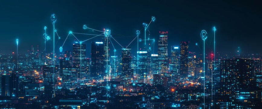 Fototapeta Smart city at night, digital network connection over cityscape.