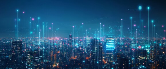 Obraz premium Night cityscape with digital network connections. (2)