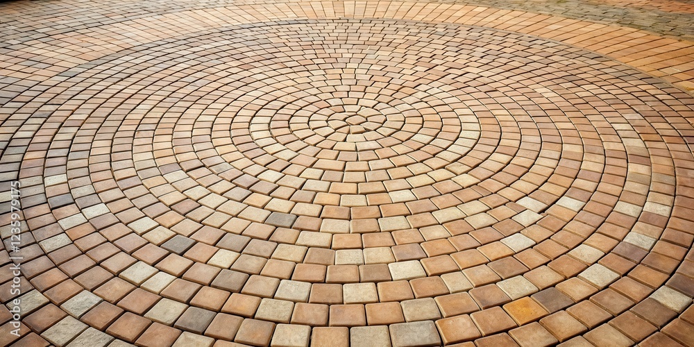 Poster a circular pavement pattern made up of brick-like stones in a variety of warm earthy tones, arranged