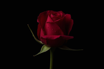 Single red rose with water droplets on pitch black background