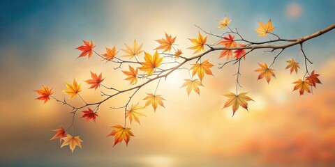 A lone branch of vibrant autumn foliage reaches out against a backdrop of hazy twilight, a soft golden glow illuminating the intricate details of each leaf.