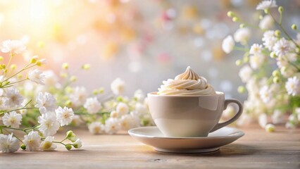 Fototapeta premium A delicate cup of coffee with whipped cream and a delicate floral backdrop. The soft lighting creates a sense of peace and tranquility.