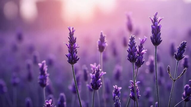 Beautiful field of lavender flowers is bathed in the warm glow of the sun. The flowers are in full bloom, with their purple petals reaching towards the sky. The scene is peaceful and serene
