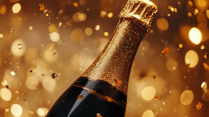 Champagne bottle with gold glitter and confetti, celebrating festive moments in style.
