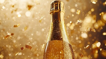 Champagne bottle with gold glitter and confetti, celebrating festive moments in style.