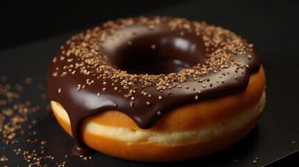 a delicious chocolate-covered donut with a glossy icing layer, generously topped with chocolate sprinkles.