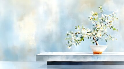 Serene White Blossom Tree in Pot on Minimalist Shelf Soft Blue Background Artistic Painting