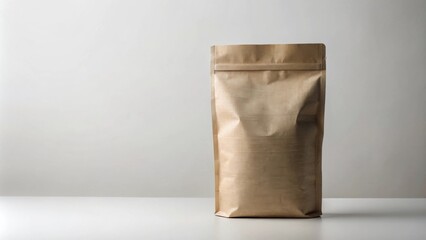 A single brown paper bag with a zip lock closure stands on a white table against a white background.