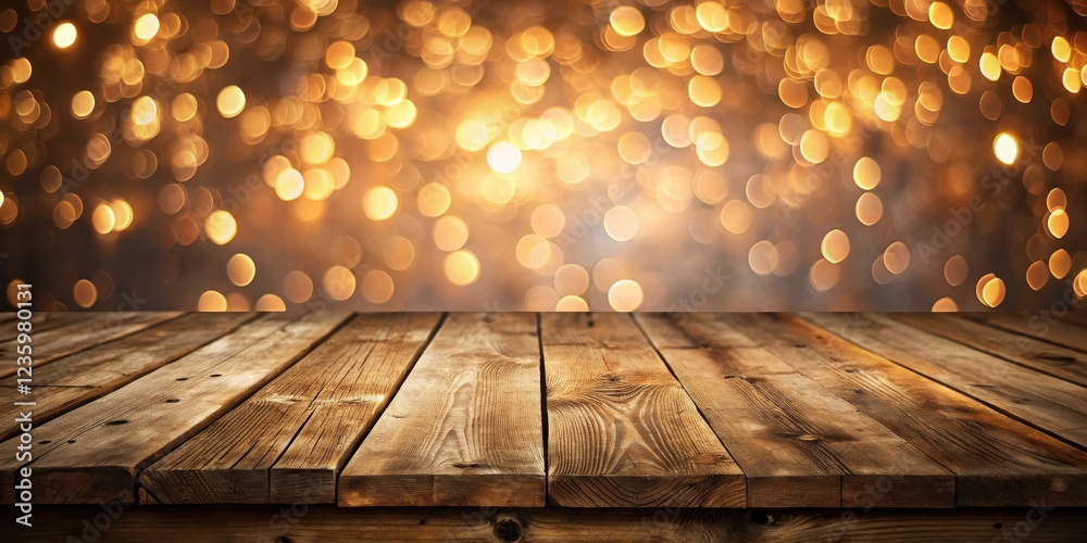 Poster rustic wooden tabletop with warm bokeh lights for product display or festive mockups