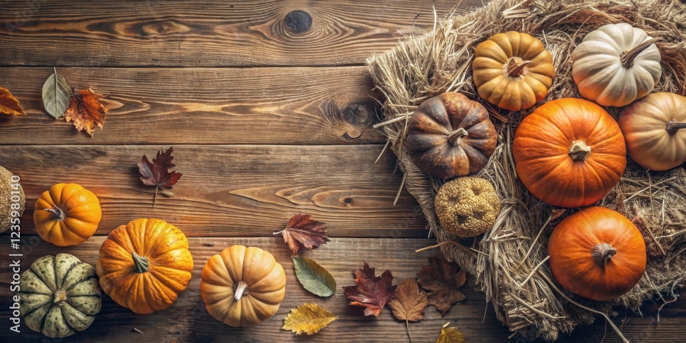 Poster a festive autumn tabletop with pumpkins and fall leaves arranged on a rustic wooden surface