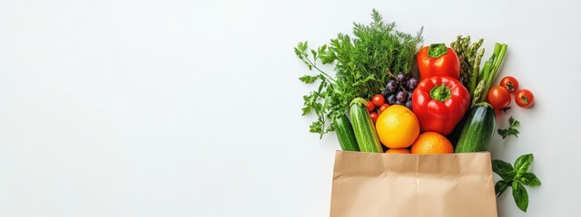 Fresh produce overflowing from a paper bag on a white background. (1)