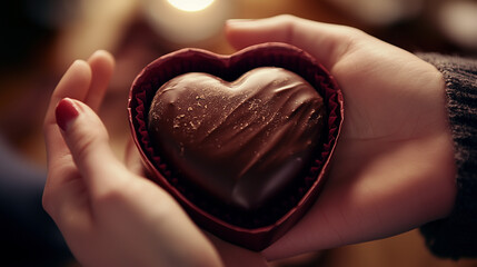 A person surprising their partner with a heart-shaped gift box, chocolate giving, photo style