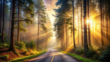 A sunlit path through a mist-filled forest, where golden rays of light pierce the canopy, creating a mystical and enchanting atmosphere.