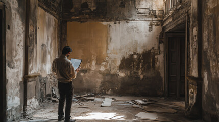 Architect walking through an old building, taking notes for restoration work , working, photo style