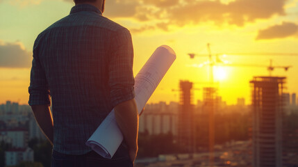 Architect holding a rolled-up blueprint, looking at a construction site at sunrise , working, photo style