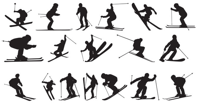 set of skiing silhouette on white background 