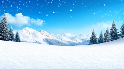 Fototapeta premium Winter Wonderland Snowy Mountains Landscape - A stunning winter landscape featuring snow-covered mountains and evergreen trees under a bright blue sky with falling snowflakes.