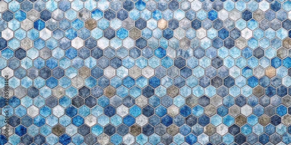 Aufkleber a seamless pattern of distressed hexagonal tiles in shades of blue and gray