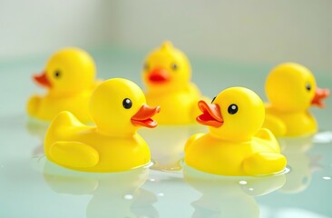 A group of yellow rubber duckies floating in a bathtub with water splashing around them. Concept of fun, bath time, childhood, and play