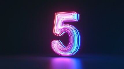 Glowing Neon Number Five on Dark Background