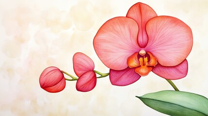 Vibrant pink orchid watercolor painting with delicate petals and soft green leaves on a gentle blurred background