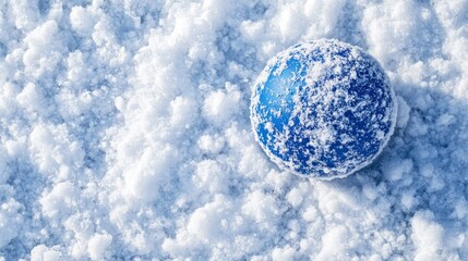 Blue Ball on Snowy Surface - A vibrant blue ball sitting on a snowy surface, covered lightly with frost, showcasing the contrast of colors in a winter setting.