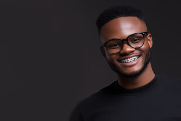 Obraz premium Young man with glasses smiling confidently against a dark background