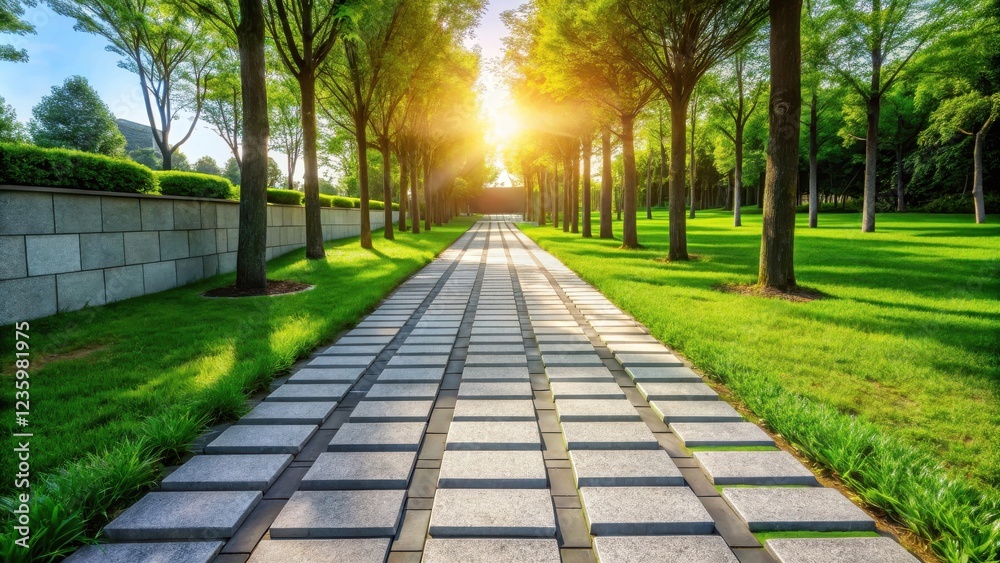Poster a pathway of stone squares leads through a lush green park, bathed in the golden glow of the setting