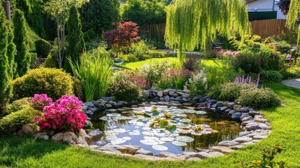 A serene garden featuring a pond with lily pads, vibrant flowers, and lush greenery.