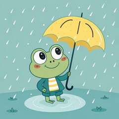Obraz premium A cheerful illustrated frog standing in a puddle, holding a yellow umbrella while rain falls, dressed in a striped shirt and jacket. 