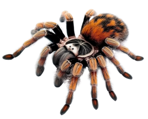 A large brown and orange tarantula with black markings on its back