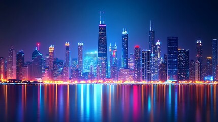 Fototapeta premium A vibrant city skyline at night, illuminated by colorful lights reflecting on the water.