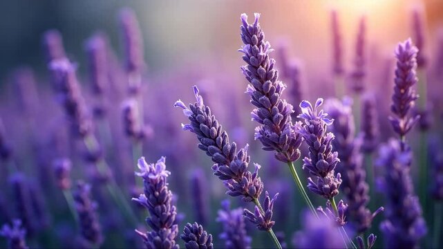 Beautiful field of lavender flowers is bathed in sunlight, creating a serene and peaceful atmosphere. The purple flowers are arranged in a way that they are evenly spaced and reach towards the sky