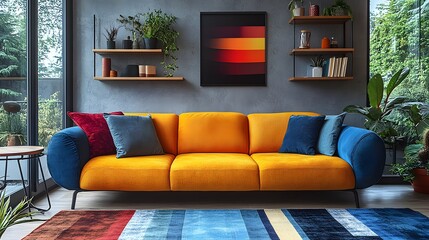 Dynamic view of a modern living room emphasizing a colorful boucle sofa with decorative shelves brimming with personal items and plants while a mockup poster enhances the lively decor