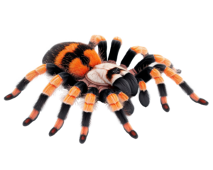 A large orange and black spider is laying on a white background