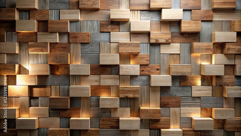 Poster a wall of interlocking wooden blocks glows with warm backlighting, creating a cozy and stylish ambia