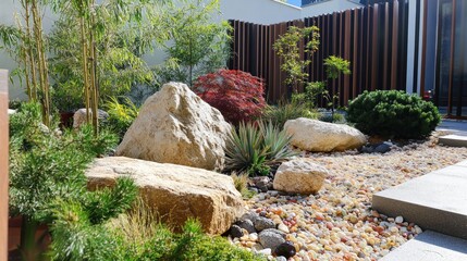 Fototapeta premium A serene garden featuring rocks, plants, and decorative stones for a peaceful outdoor space.