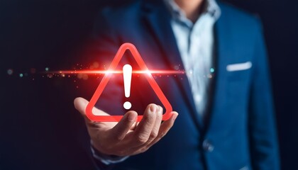 Businessman holding glowing red triangle caution warning exclamation sign for notification error and maintenance concept. new